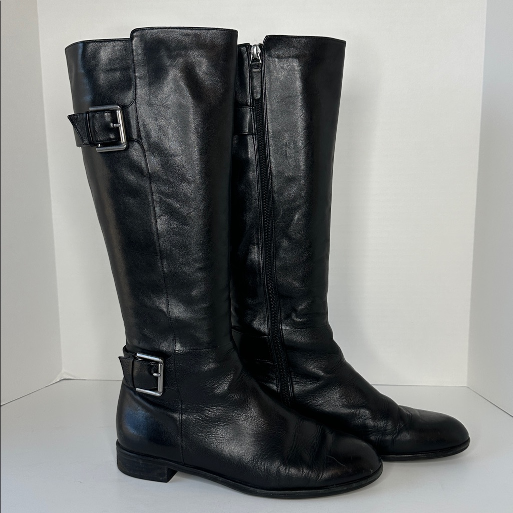 Via Spiga Women's Tall Leather Full Zipper Boots Size 9.5 Black Buckles